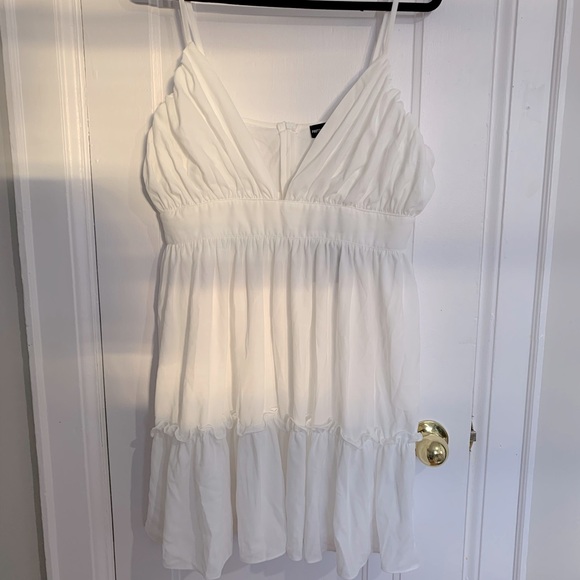 Pretty Little Things White Ruched Frill Detail Strappy Skater Dress - Picture 4 of 5